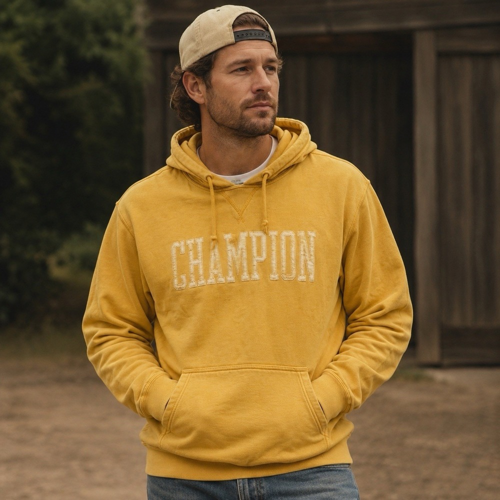 Champion Garment Dye Hooded Sweatshirt Mens XL Yellow Spellout Logo V-Notch Logo
